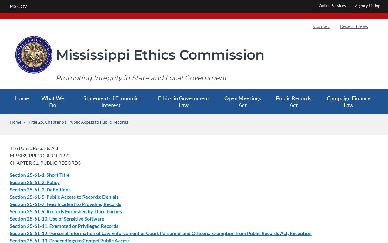Mississippi Public Records Act page explaining Franklin County Circuit Clerk record fees