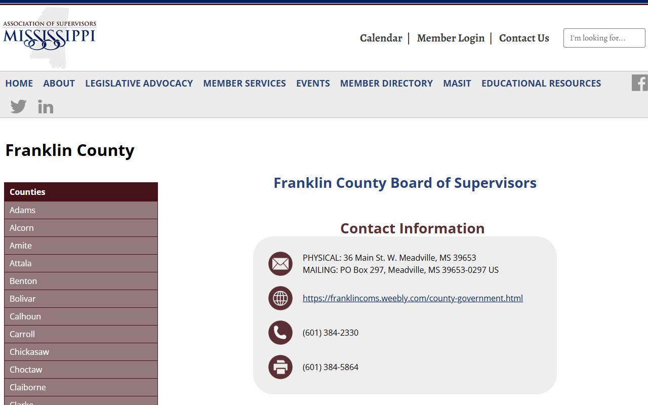 Mississippi Association of Supervisors profile listing the Franklin County Circuit Clerk