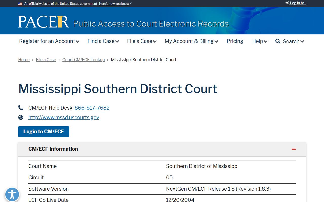 PACER Southern District lookup page for federal Franklin County court dockets