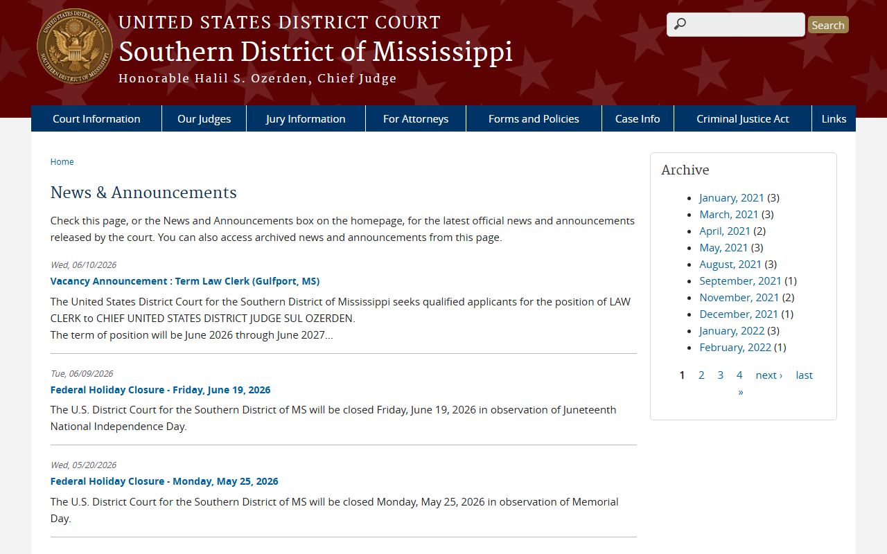 Southern District of Mississippi news page covering federal Franklin County court dockets