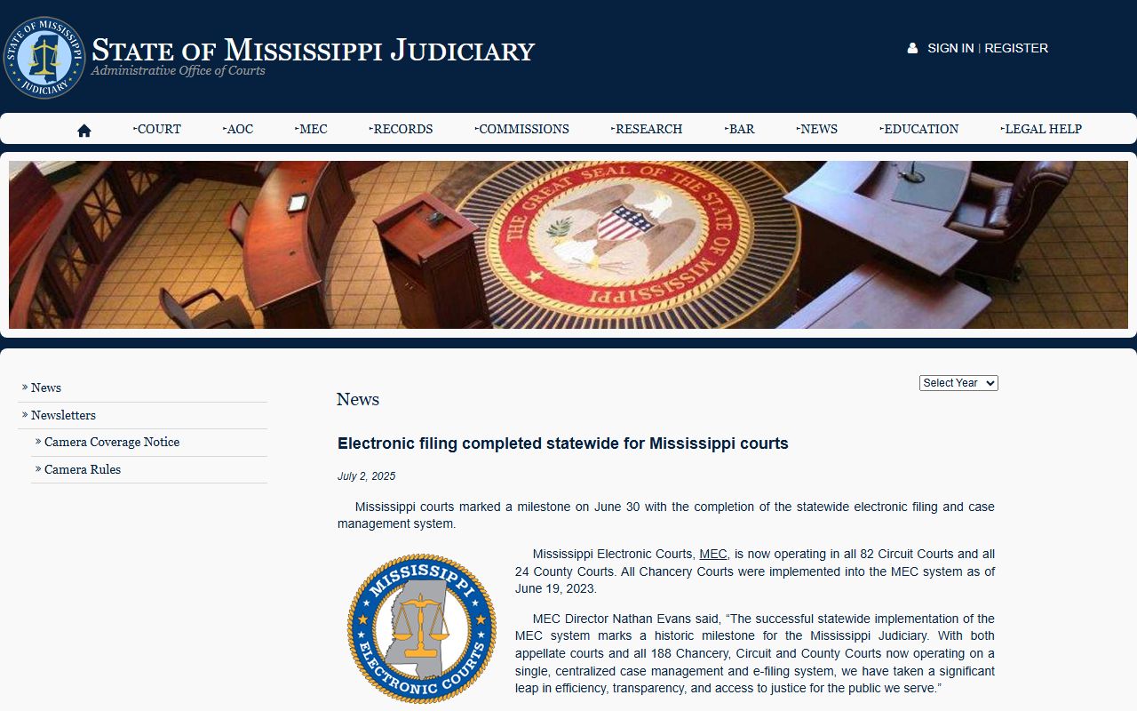 Statewide Mississippi Electronic Courts news page for a Franklin County court dockets search