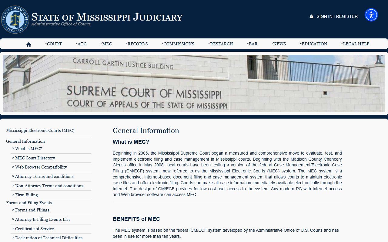 Mississippi Electronic Courts information page used for a Franklin County court records search