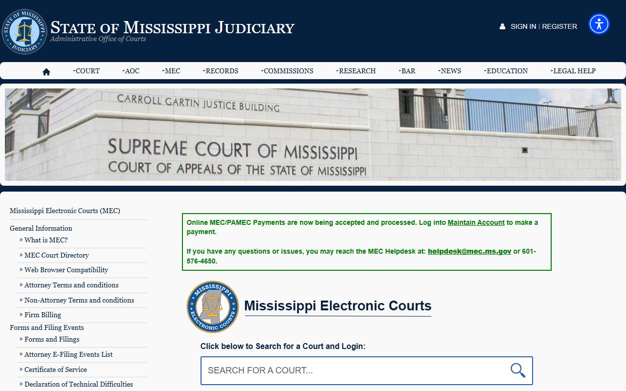 Mississippi Electronic Courts page describing Franklin County court records fields