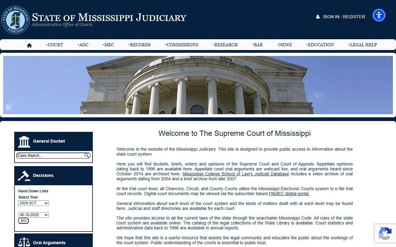 Mississippi Judiciary home page linking to Franklin County court records access