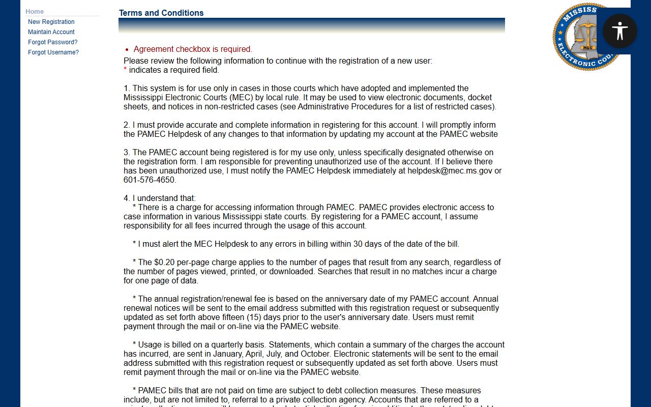 PAMEC non-attorney terms page covering Franklin County court records fees