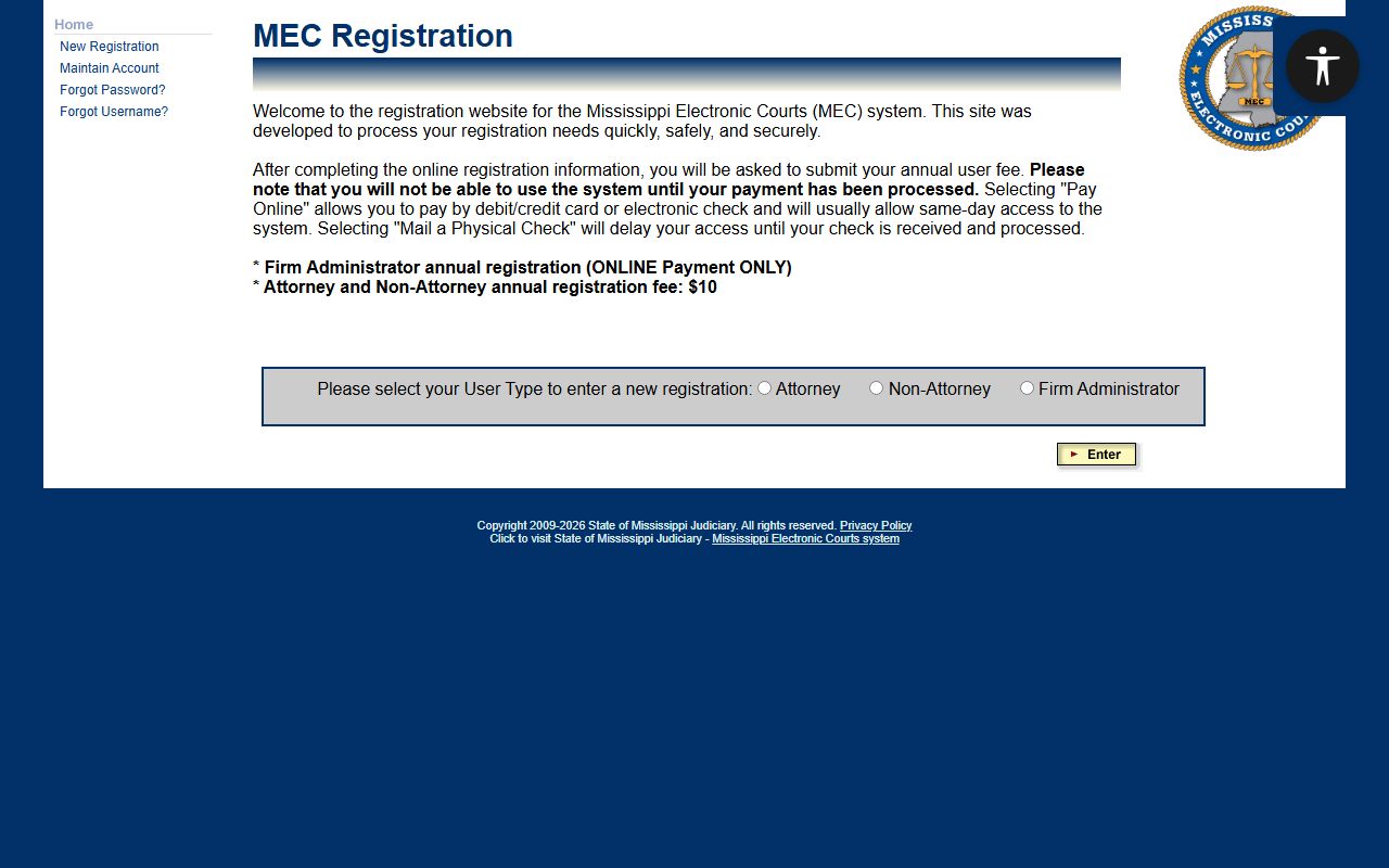 PAMEC public registration page for a Franklin County court records search