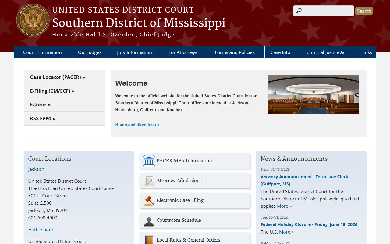 Southern District of Mississippi federal court home page covering Franklin County, Mississippi