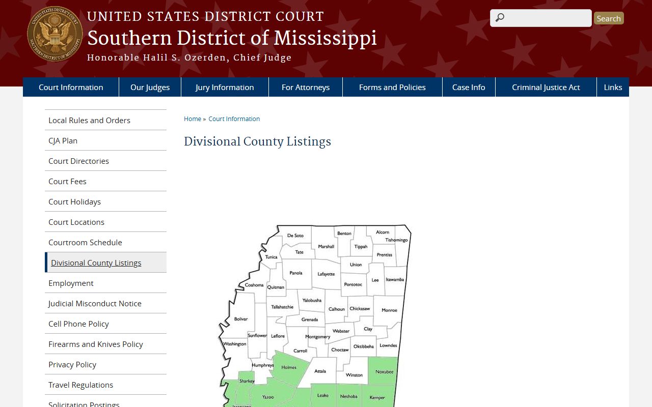 Southern District of Mississippi divisional county listings placing Franklin County in the Western Division