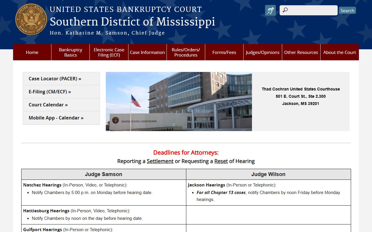 Southern District of Mississippi bankruptcy court page separate from Franklin County trial courts