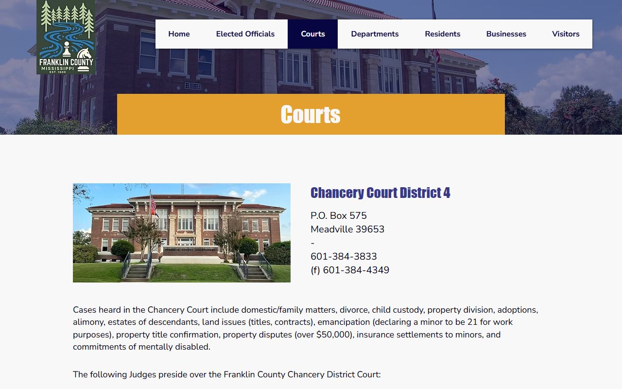 Franklin County courts page showing the court system and record roles