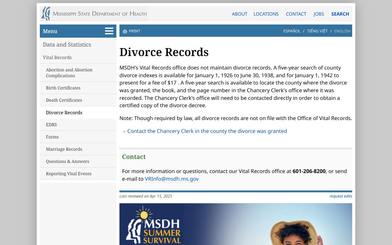 MSDH divorce records page pointing to Franklin County divorce records at the Chancery Clerk