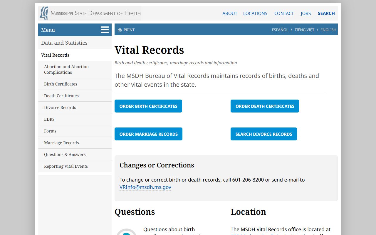 MSDH Vital Records landing page used to look up Franklin County marriage records