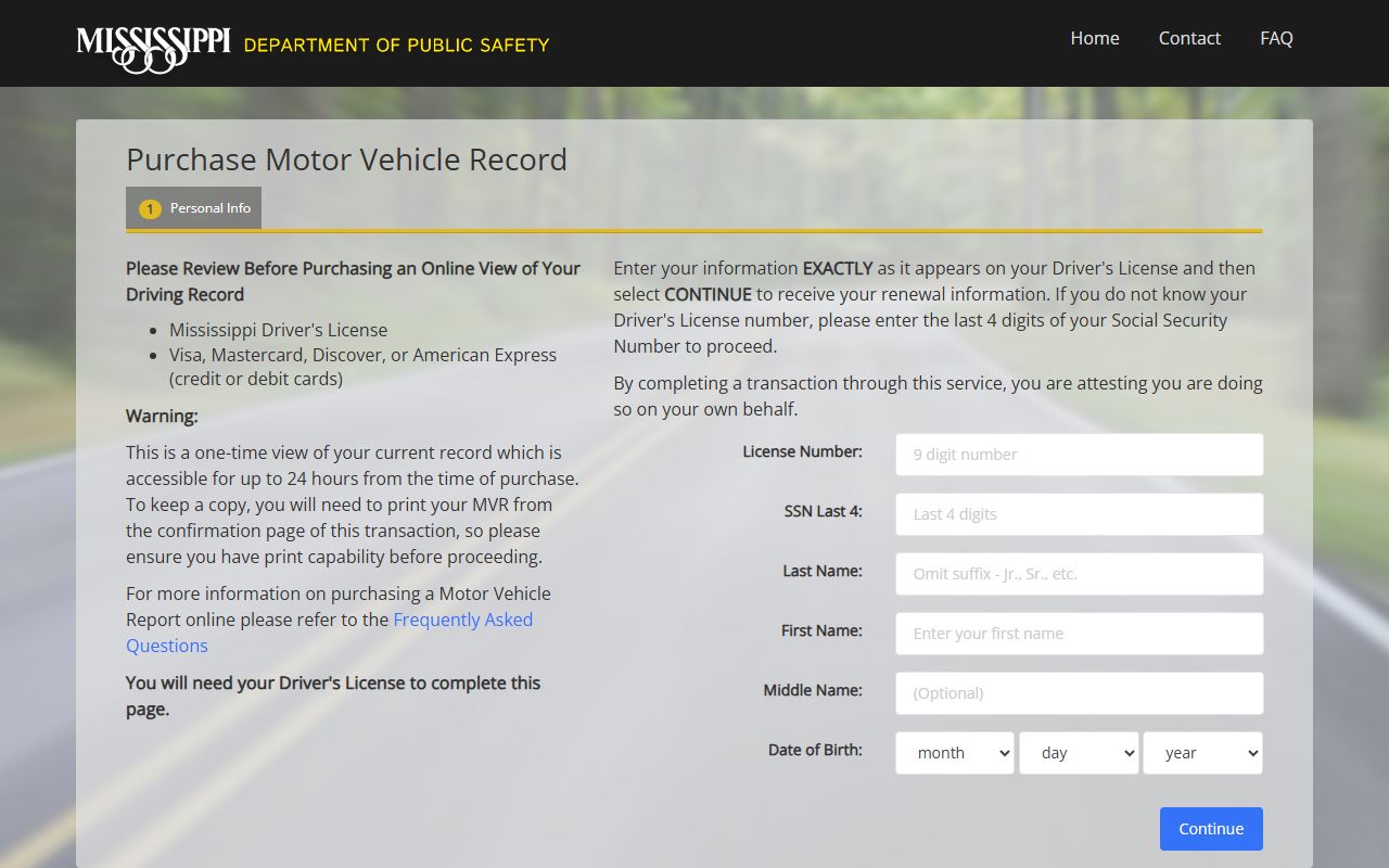 Mississippi online motor vehicle record portal for Franklin County traffic and driver records
