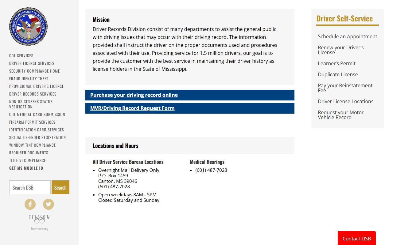 Mississippi Driver Records Division home page used for Franklin County traffic court records