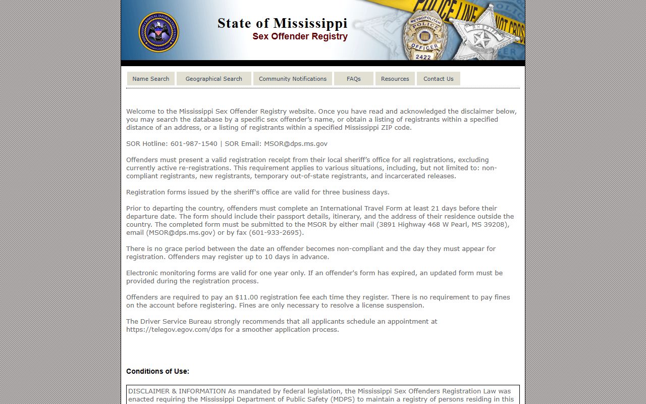 Mississippi public sex offender registry separate from a Franklin County warrant search