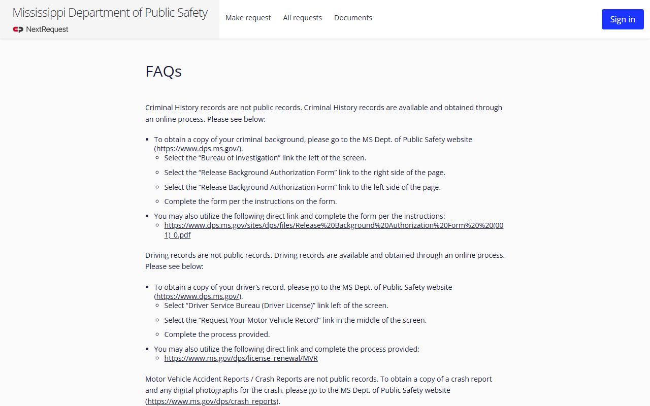 Mississippi public records request FAQ used for a Franklin County warrant records request